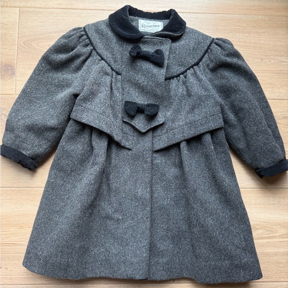 Rothschild | Vintage Gray Girl’s Wool Dress Coat Black Bow Button Up | size 4 - Picture 2 of 12